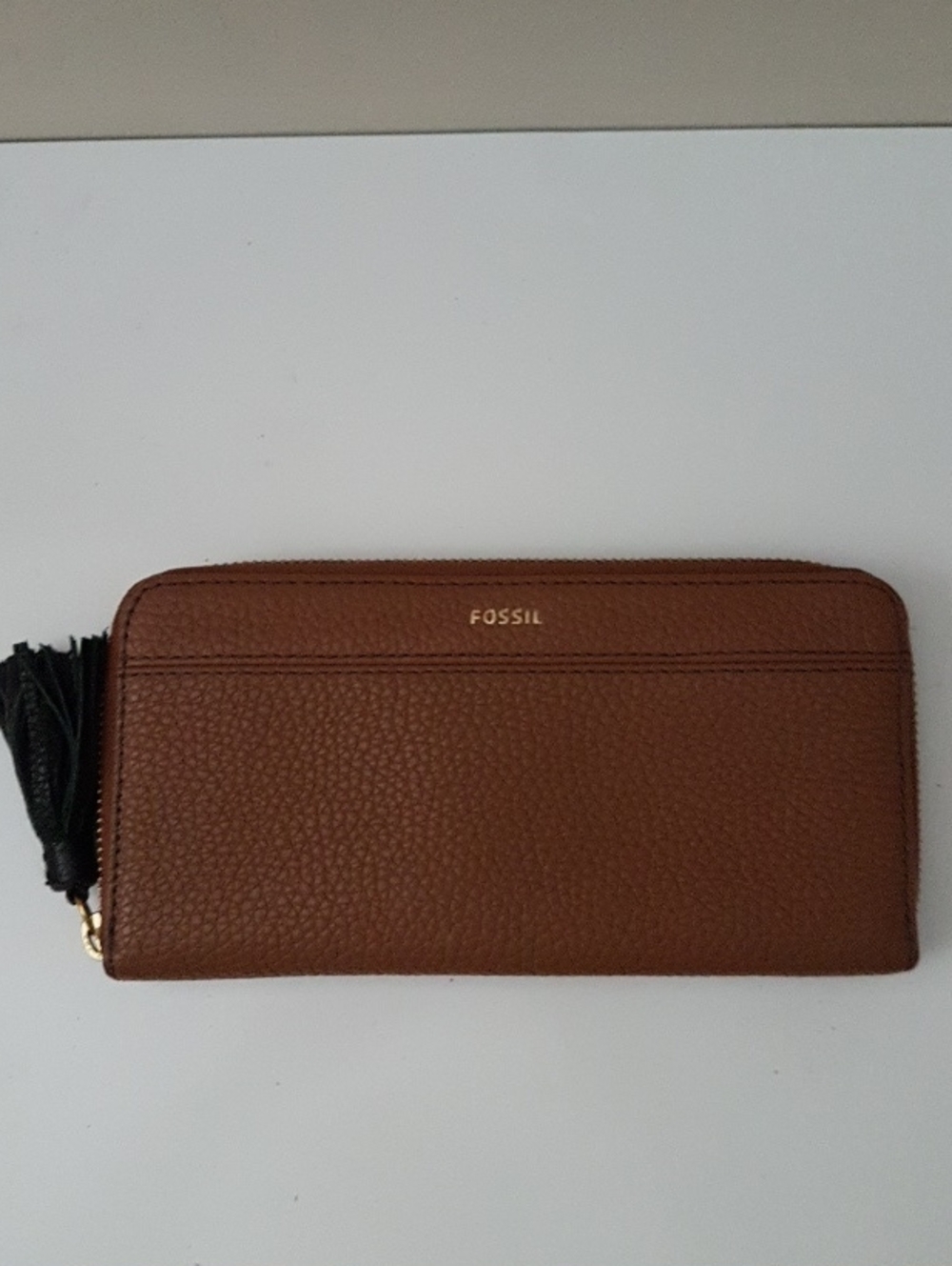 Fossil Cognac Pebbled Leather Zip Wallet with Tassel